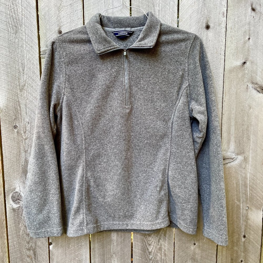 Lands' End Women's Gray Thermacheck 100 Fleece Quarter Zip Pullover Top - Size M